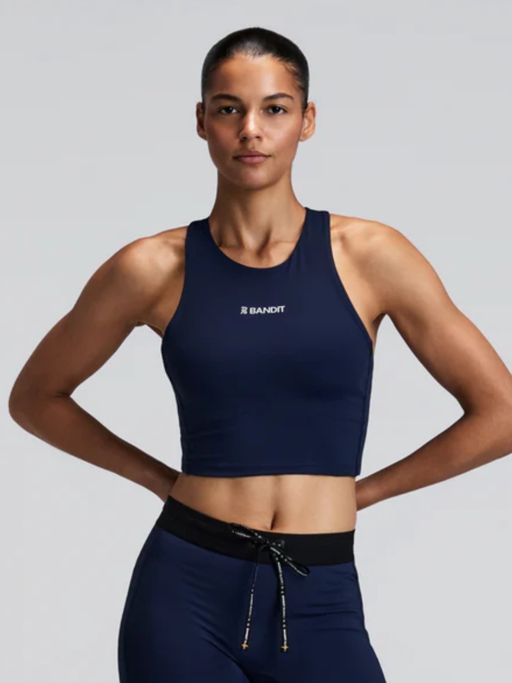 Navy High-Neck Sports Crop Top - Picture 2 of 8